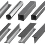 a set of metal profiles on a white background. steel tubes, channels and corners, 3d illustration.